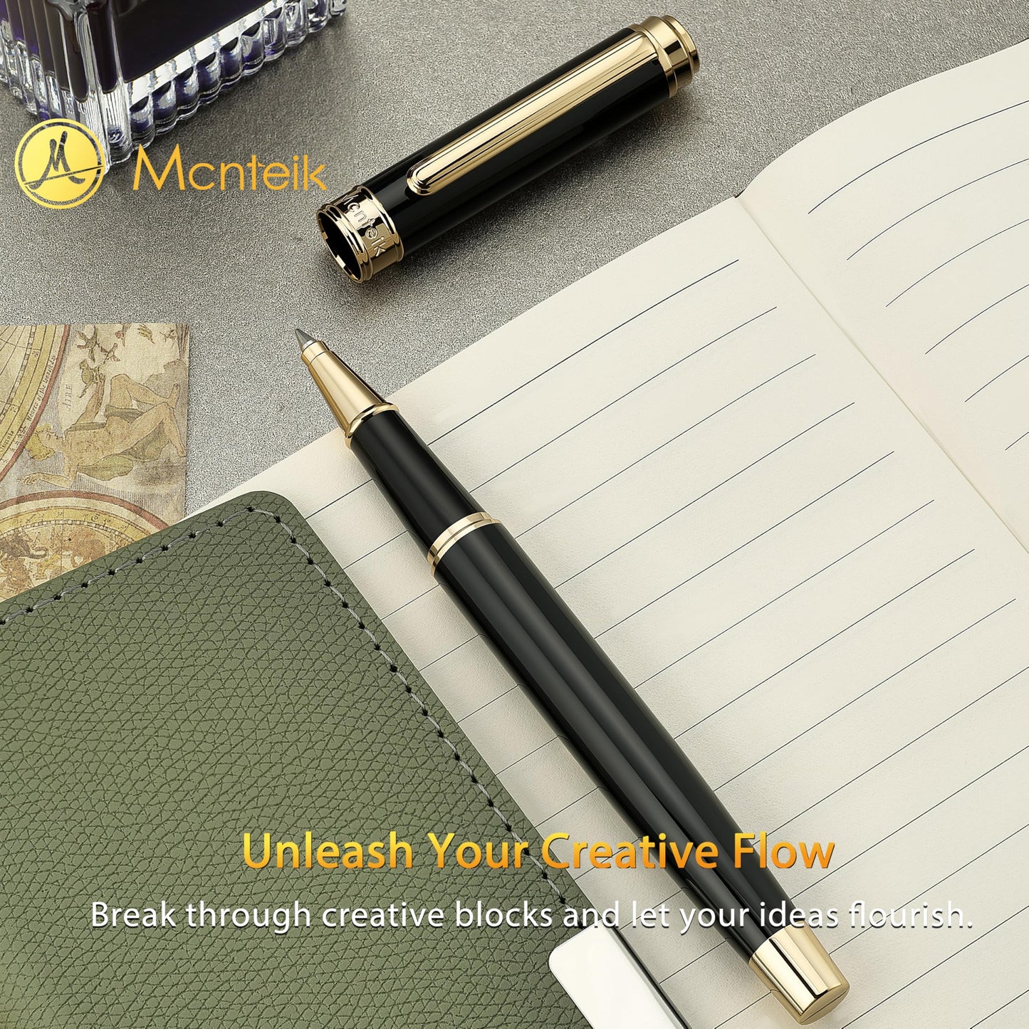 MCNTEIK 317 Rollerball - Stunning Luxury Black Lacquer Pen with 24K Gold Finish, Schmidt Black Ink Refill, Best Gift Set for Men & Women, Executive Office, Christmas, Nice Classic Pens-Black