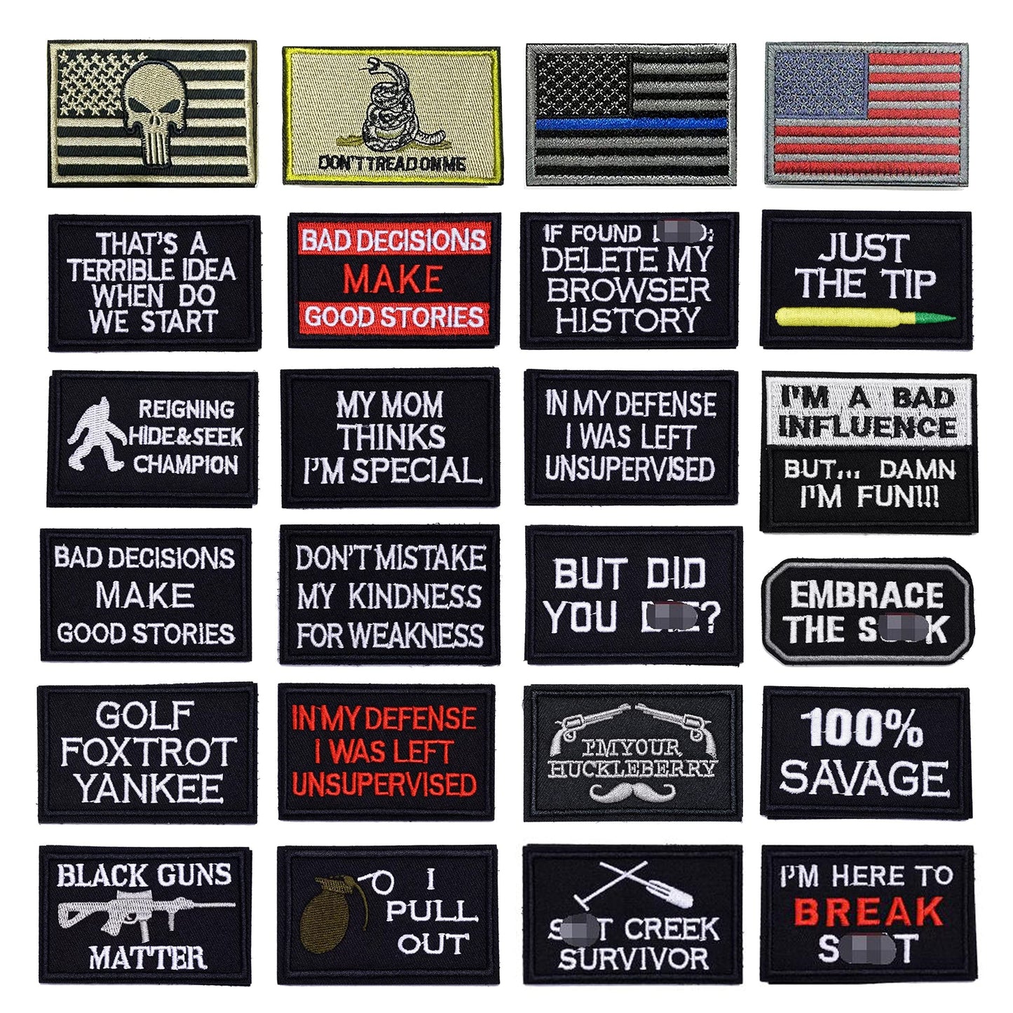 YLY Tactical Morale Embroidered Patch - 24pcs Military Funny Slogan Hook and Loop Patches for Cap,Bag,Backpack,Vest,Hat,Helmet,Gear,Uniforms