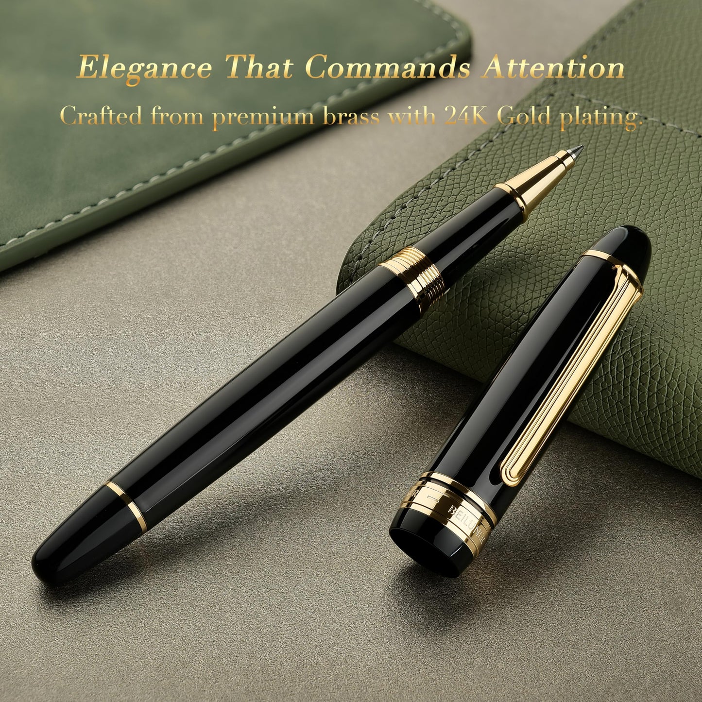 BEILUNER 319 Piano Black Lacquer Rollerball - Stunning Luxury Pen with 24K Gold, Heavy, Schneider Black Ink Refill, Best Gift Set for Men & Women, Professional, Executive Office, Fancy Classic Pens
