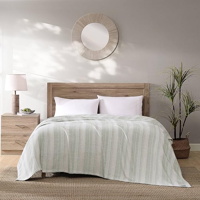 Tommy Bahama- Queen Blanket, Soft Cotton Bedding, Coastal Inspired Bedding Essentials (Sandy Shore Stripe Green, Queen)