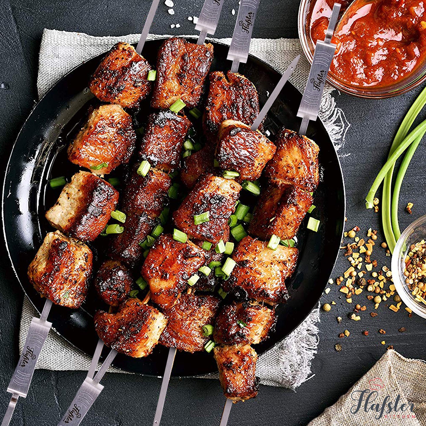 "FLAFSTER KITCHEN BBQ Skewers for Grilling - 16" Stainless Steel Flat Kebab Sticks with Push Bar, Reusable Metal Shish Kabob Skewers, Set of 6"