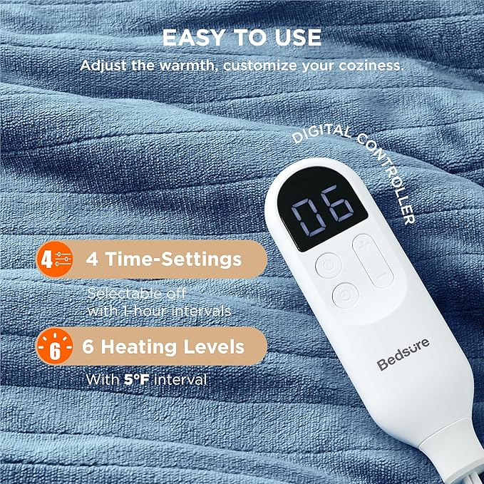 Bedsure Heated Blanket Electric Throw - Soft Flannel Electric Blanket, Heated Throw with 4 Time Settings & 6 Heat Settings, Warm Gift for Grandma (50x60 inches, Blue)