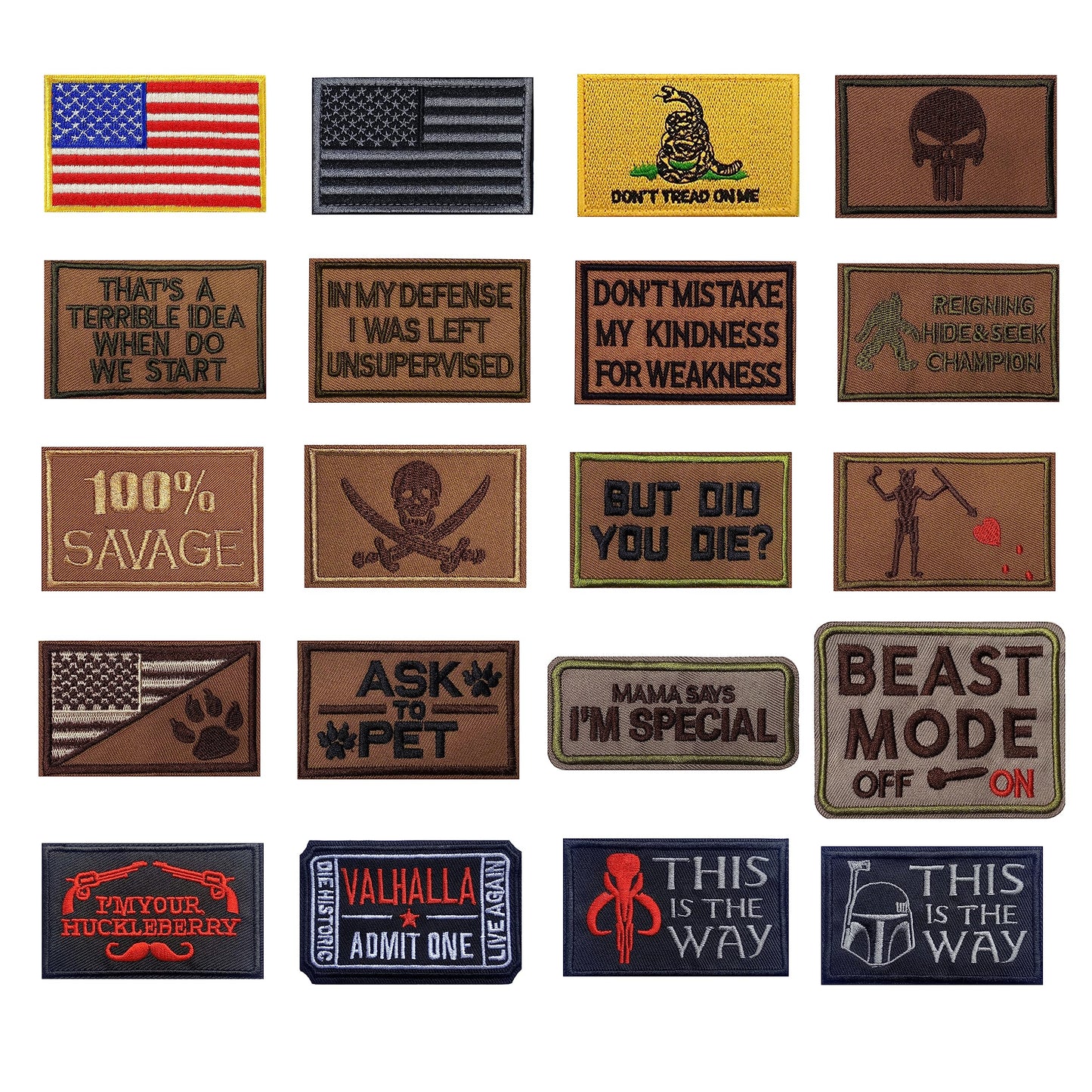 YLY Tactical Morale Embroidered Patch - 20pcs Military Funny Slogan Hook and Loop Patches for Cap,Bag,Backpack,Vest,Hat,Helmet,Dog Harness,Gear,Uniforms