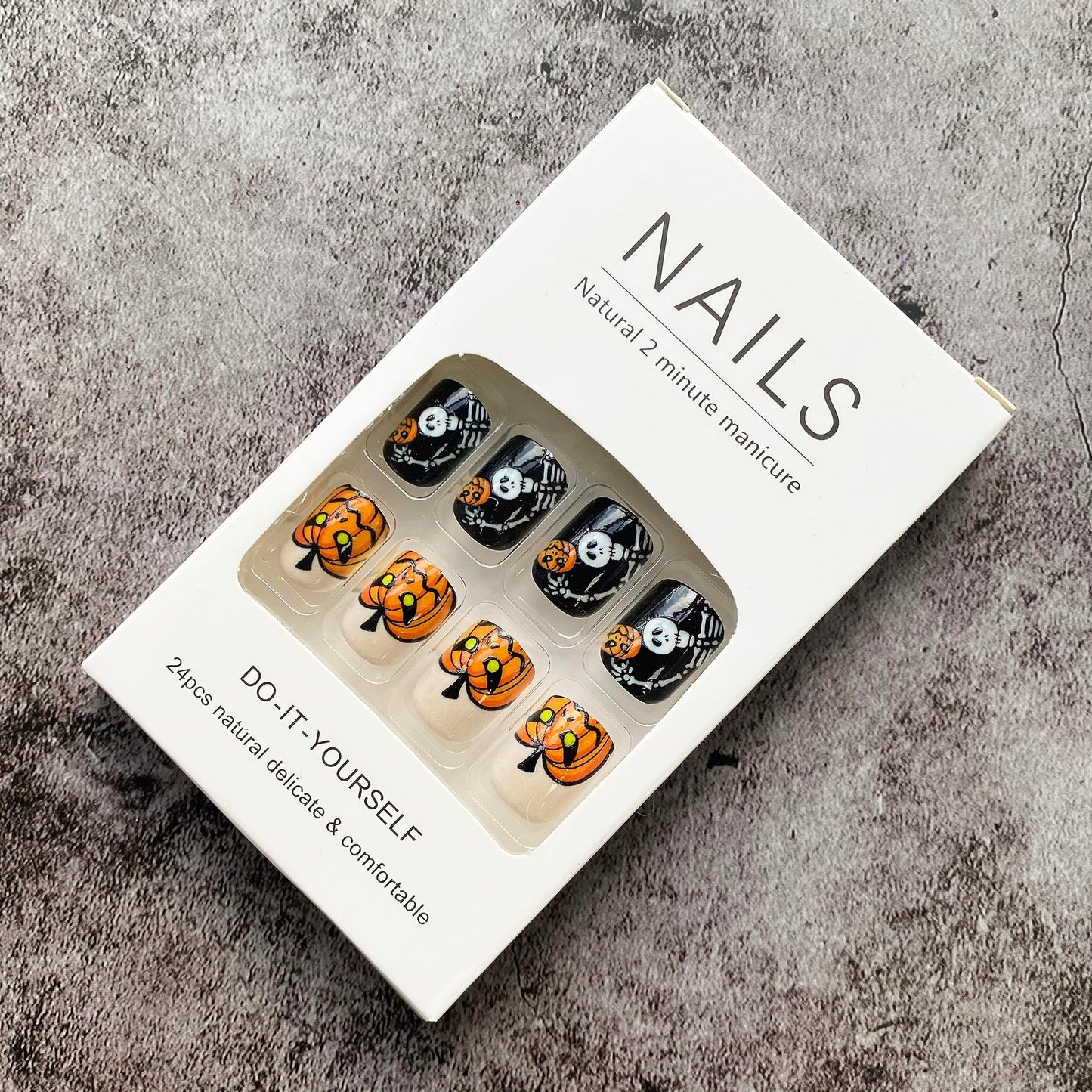 Halloween Press on Nails Short Fake Nails Full Cover Black Nude Grey False Nails with Snake Spider Web Bat Pumpkin Castle Skeleton Designs Acrylic Nails Stick on Nails for Women Manicure24pcs