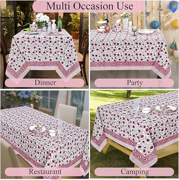 Ridhi -Sangria Red Cotton Tablecloth, Handblock Print Floral Table Cloth for Kitchen Dining Linen I Thanksgiving, Christmas, Wedding, Fall Décor 4 Seater 60x60 Inches Square