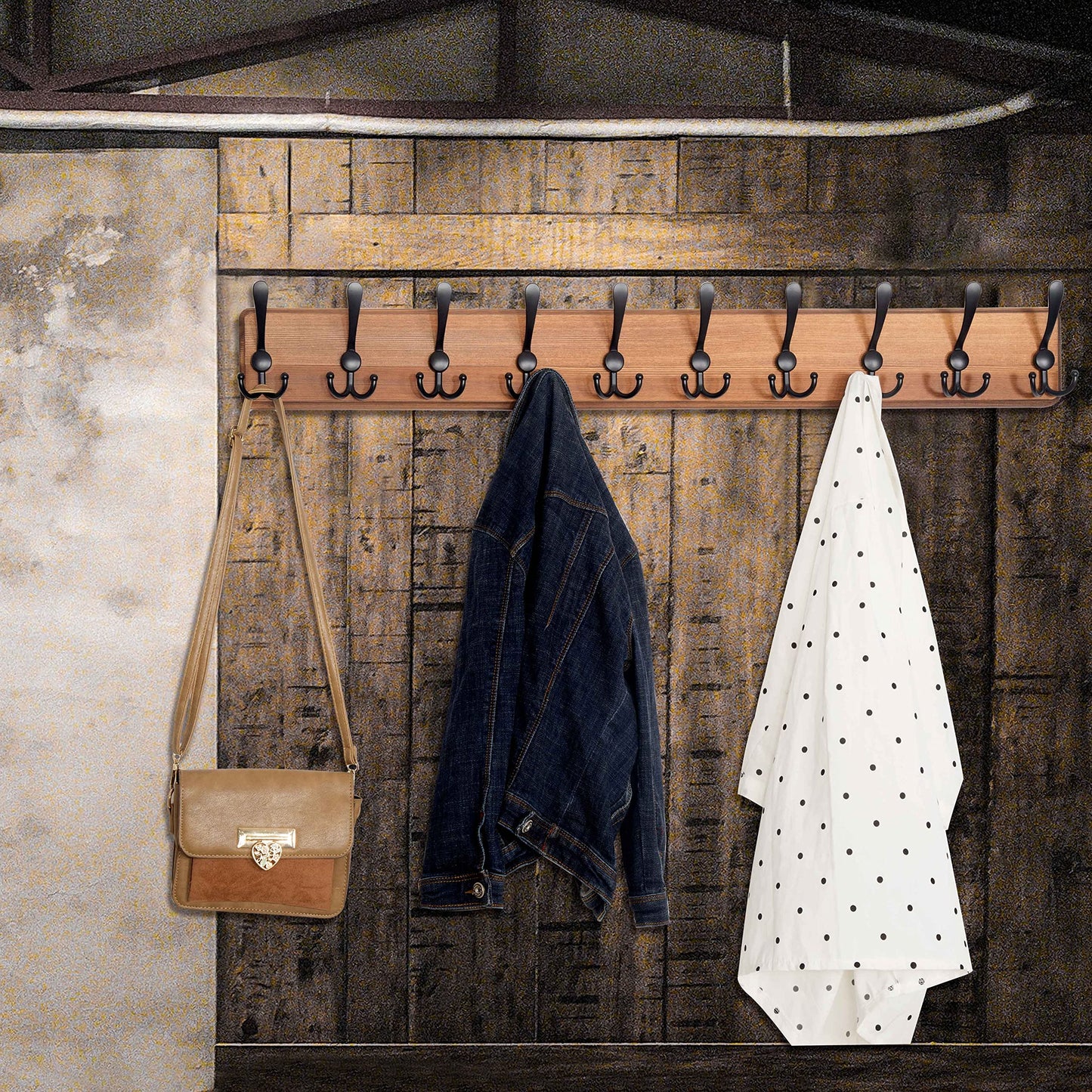 WEBI Coat Rack Wall Mount,38 9/16" Long,10 Hooks,Coat Hooks Wall Mounted,Coat Hanger Wall,Farmhouse Wood Hook Rack Rail,Triple Hooks for Hanging Coats,Clothes,Jacket,Brown