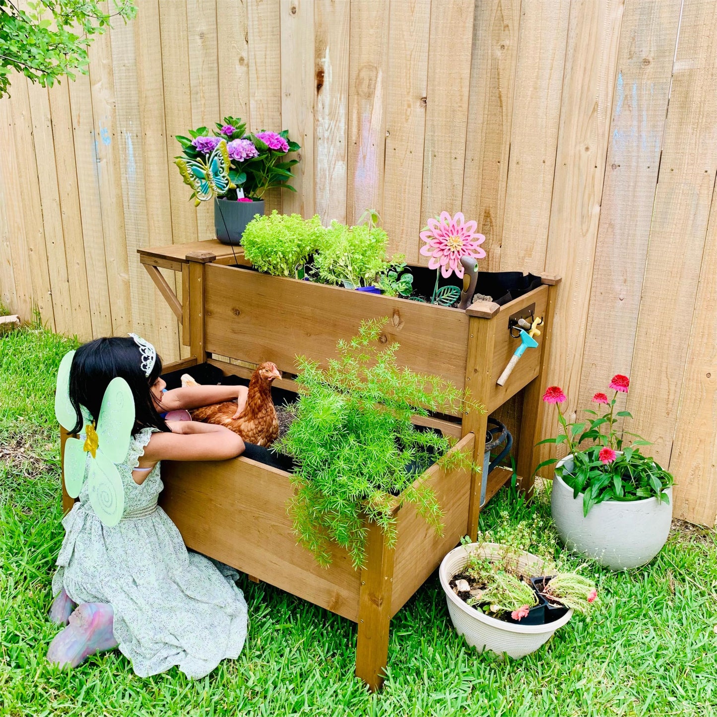 ketive 2-Tier Raised Garden Bed with Legs Outdoor Elevated Garden Box,Storage Shelf,Protective Liner for Backyard,Patio,Balcony,55x42x30in (Brown)