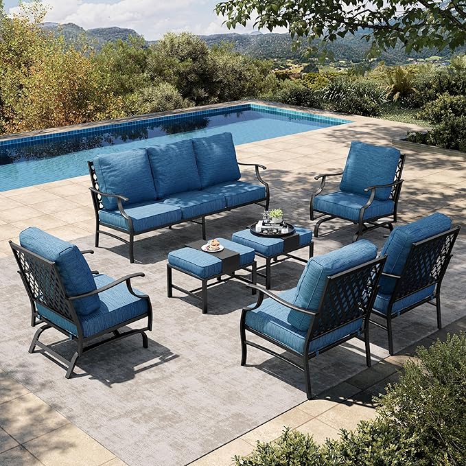 HERA'S HOUSE 7 Piece Patio Furniture Set, 2 x Rocking Chair, 2 x Fixed Chair, 2 x Ottoman, 1 x 3-Seat Sofa, All Cushioned 9 Seats Metal Outdoor Conversation Set for Lawn Garden Backyard