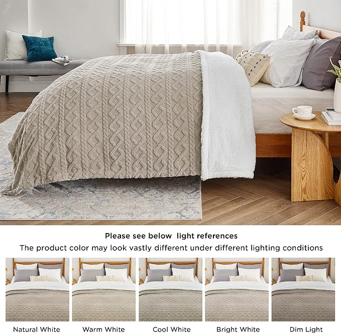 Bedsure Sherpa King Size Blanket for Bed- GentleSoft Fleece Fluffy & Cozy Cable Jacquard Tufted for Women Gift, Thick and Warm Blankets for Winter, Beige, 108x90 Inches