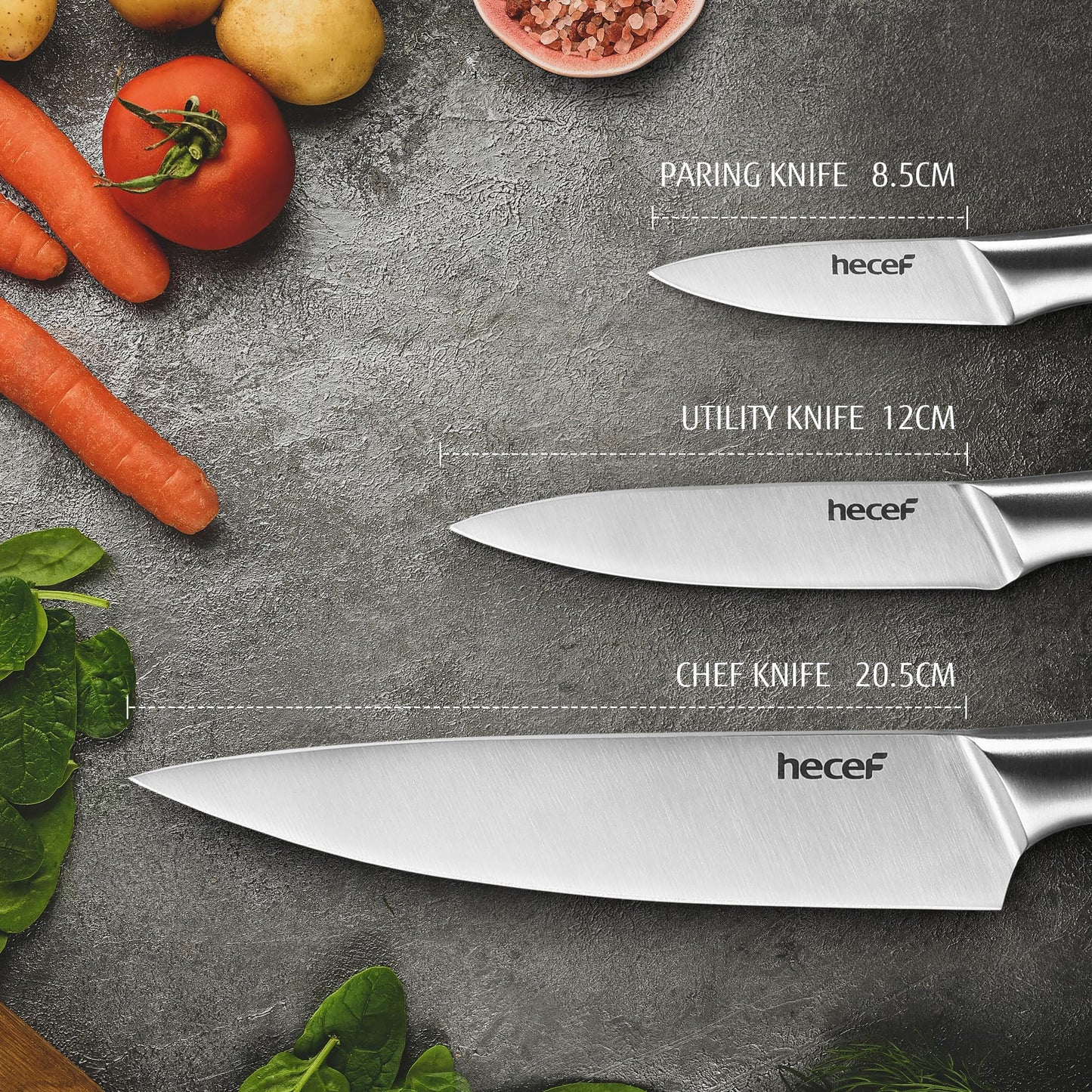 hecef Silver Kitchen knife set of 3, Satin Finish Blade with Hollow Handle, includes 8" Chef, 5" Utility and 3.5" paring knife