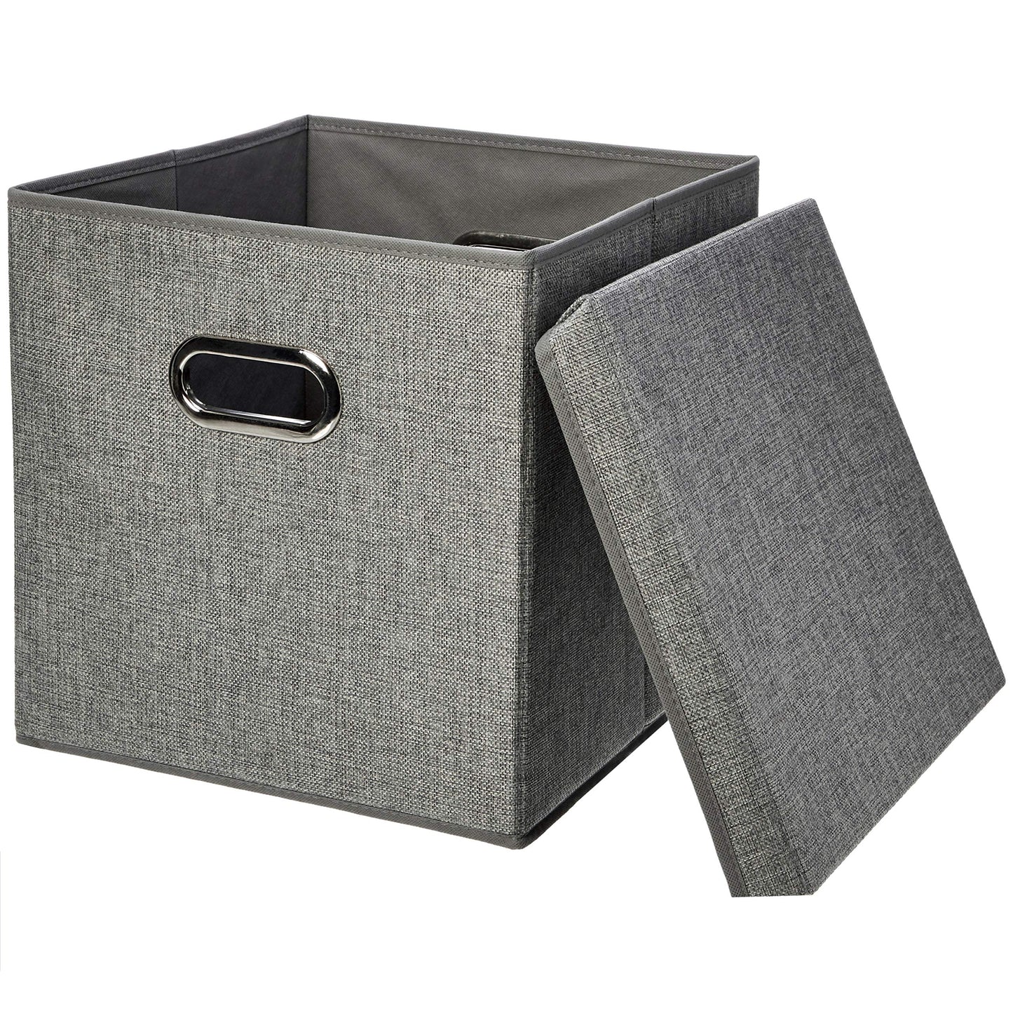 Amazon Basics Foldable Burlap Cloth Cube Storage Bins with Lid, Collapsible Organizing Containers, Stackable and Sturdy, Gray, Set of 2