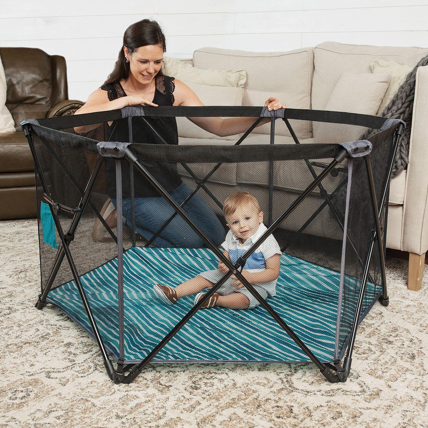 Baby Delight Go With Me Eclipse Mesh Portable Playard | Playpen | Sun Canopy | Indoor and Outdoor | Watercolor Stripe Base