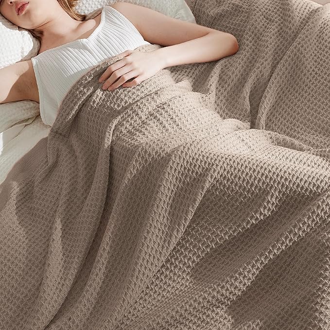 Bedsure 100% Cotton Blanket Twin XL Size for Bed - Breathable and Soft, Waffle Weave Blanket for Summer Spring, Tan, 66x90 inches