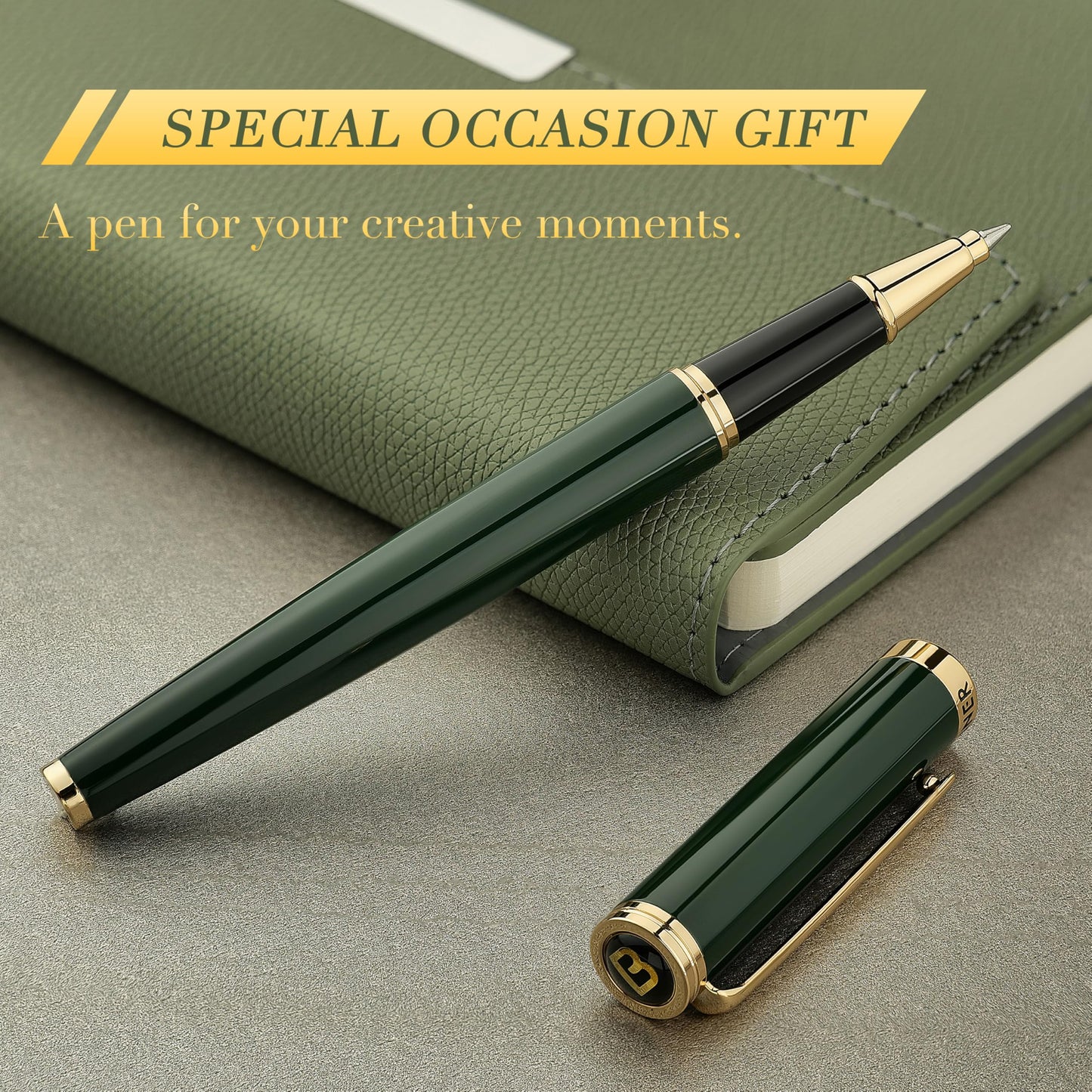 BEILUNER Luxury Rollerball Pen, Stunning Green Lacquer with 24K Gold Trim,Noble and Elegant Designs,Schneider Ink Refill, Best Gift Set for Men & Women, Refillable, Executive Writing, Nice Pens
