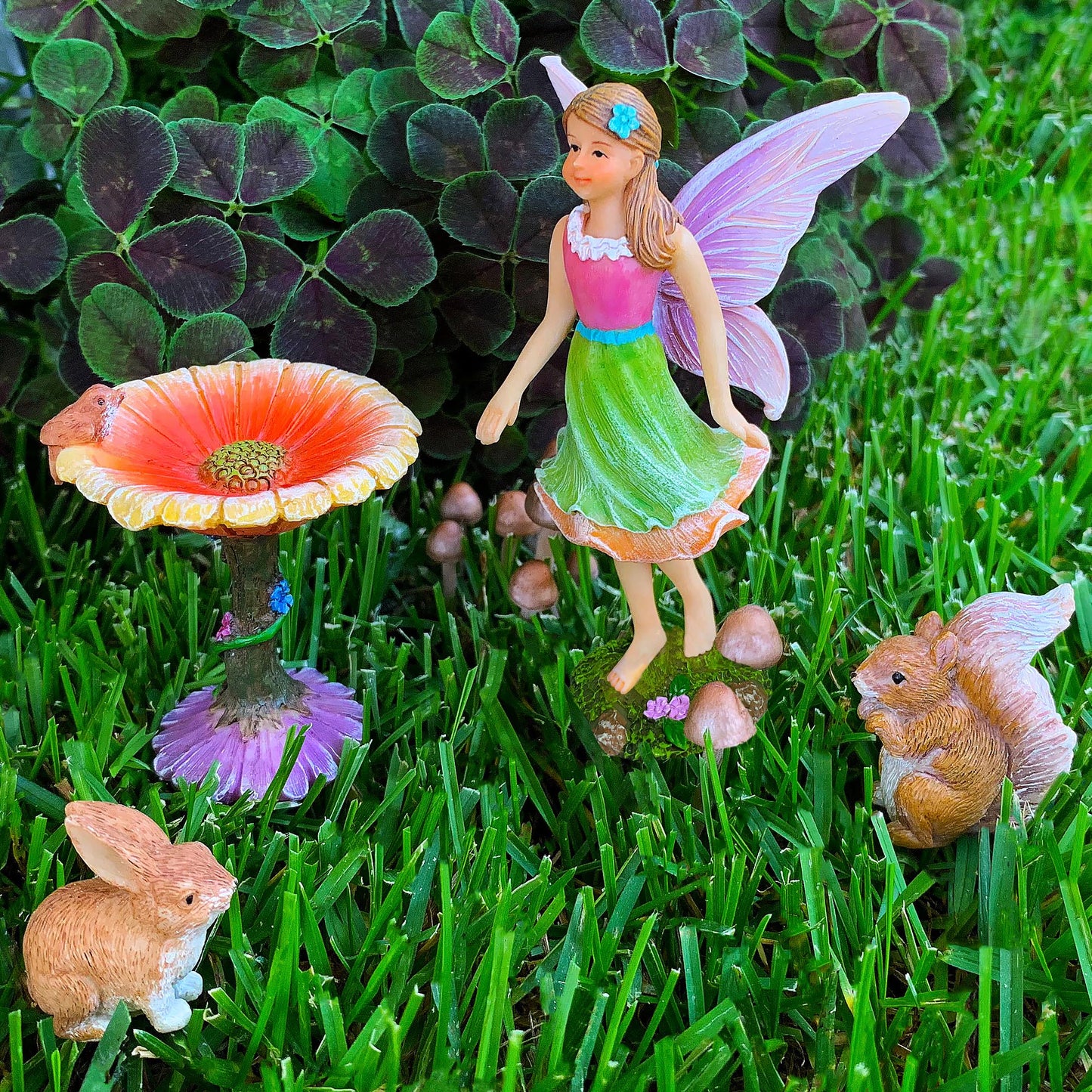 Mood Lab Fairy Garden Figurines with Flower - Miniature Decor Set (4 pcs) - Statues & Accessories - Outdoor Indoor Garden Decor