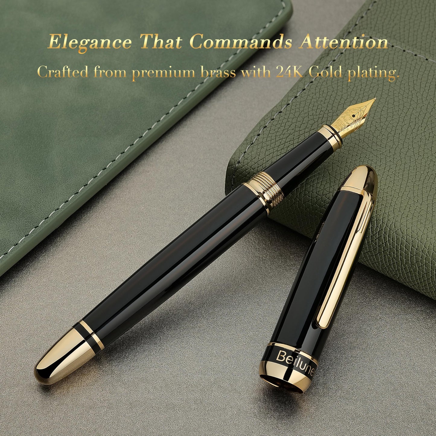 BEILUNER 315 Black Fountain Pen,Stunning Luxury Pens with 24K Gold Accents, Gorgeous 24K Gilded Nib(Fine), Ink Converter,Fancy Pen Gift for Men&Women-Elegant, Office, Graduation, Nice Design