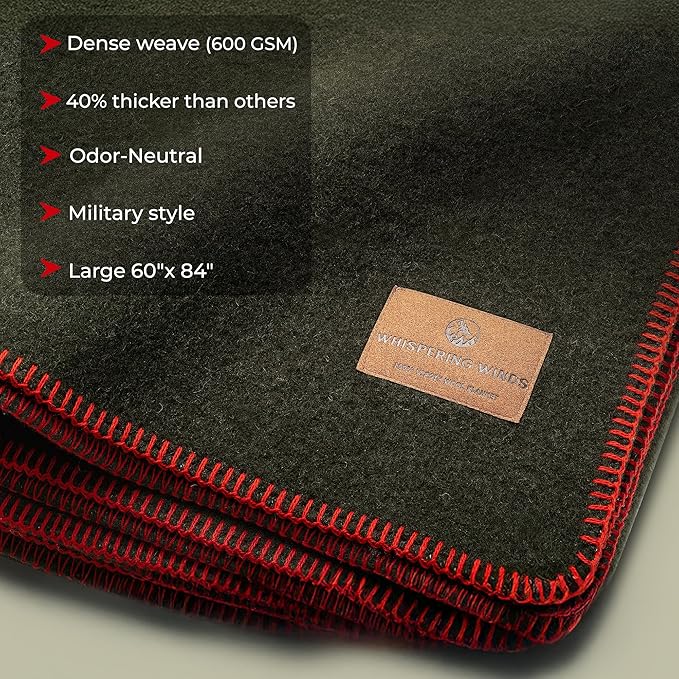Whispering Winds 100% Wool Blanket - Large 60"x 84" Ultra Soft, Warm & Thick Camping Blanket, Outdoor Bushcraft, Survival, Military Green