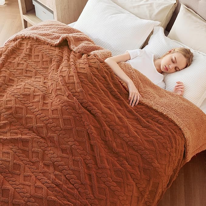 Bedsure Sherpa Fleece Blanket Twin Size for Bed - GentleSoft Fluffy & Cozy Cable Jacquard Tufted for Women Gift, Thick and Warm Blankets for Winter, Orange, 60x80 Inches