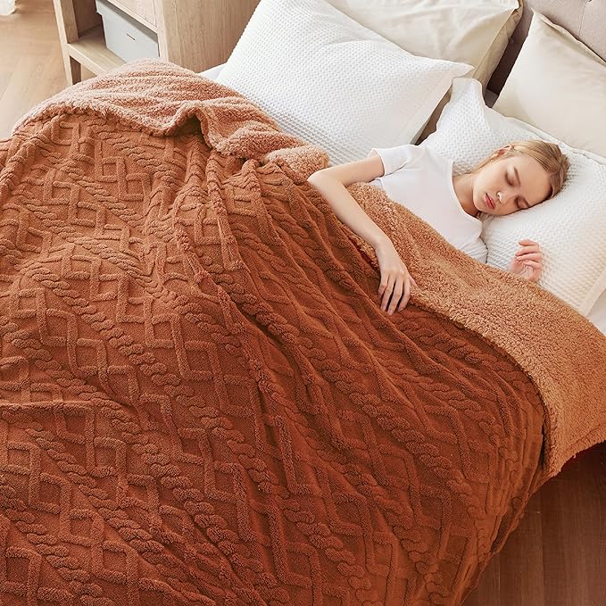Bedsure Sherpa Queen Size Blanket for Bed - GentleSoft Fleece Fluffy & Cozy Cable Jacquard Tufted for Women Gift, Thick and Warm Blankets for Winter, Orange, 90x90 Inches