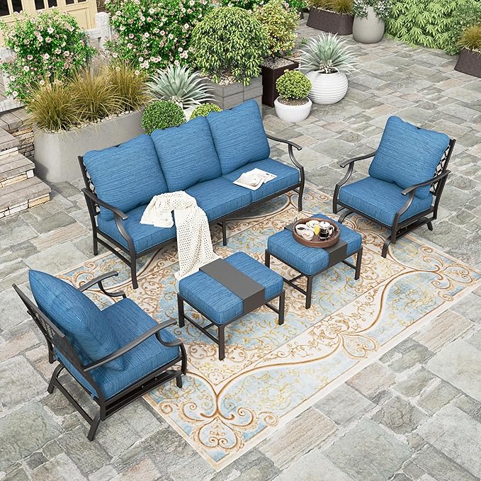 HERA'S HOUSE 5 Pieces Patio Furniture Set, 2 x Rocking Chair, 2 x Ottoman, 1 x 3-Seat Sofa, All Cushioned 7 Seats Metal Outdoor Conversation Set for Lawn Garden Backyard