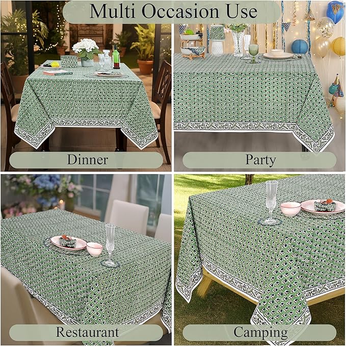 Ridhi Hand Block Print Basil Green Rectangle Cotton Tablecloth 120" x 60" Reusable Table Cover Decorative Everyday Use for Dining, Farmhouse, Home Gift for Spring, Easter, Valentine