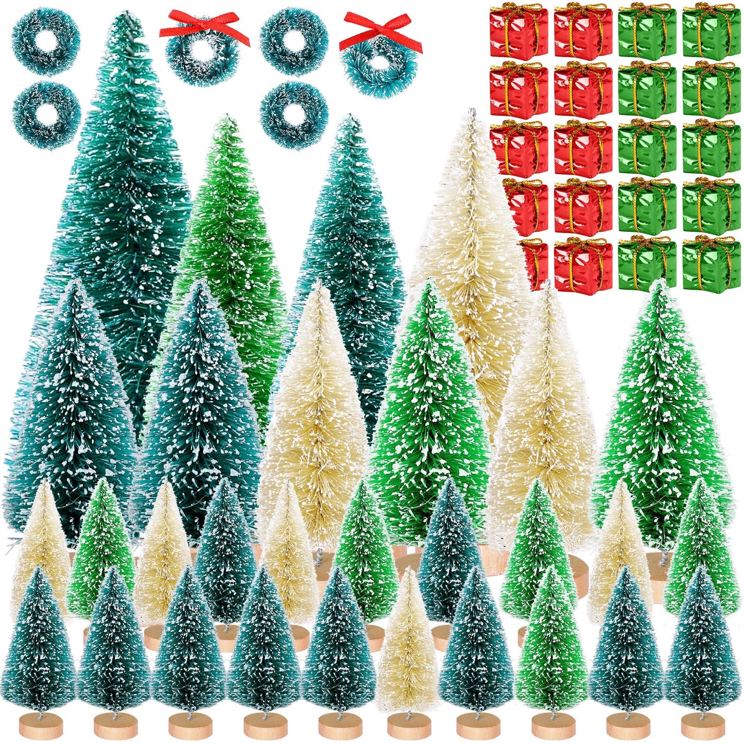 Iceyyyy 56 Pcs Artificial Mini Christmas Trees Set - Miniature Sisal Frosted Christmas Trees Bottle Brush Trees for DIY Crafts Home Table Top Decor