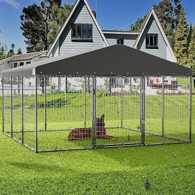 ASJMR Dog Kennel Outdoor, 10x10x6 FT Heavy Duty Dog Pens Outside with UV & Water Resistant Roof, Large Dog Fence for Yard Metal Chicken Run with Double Locks