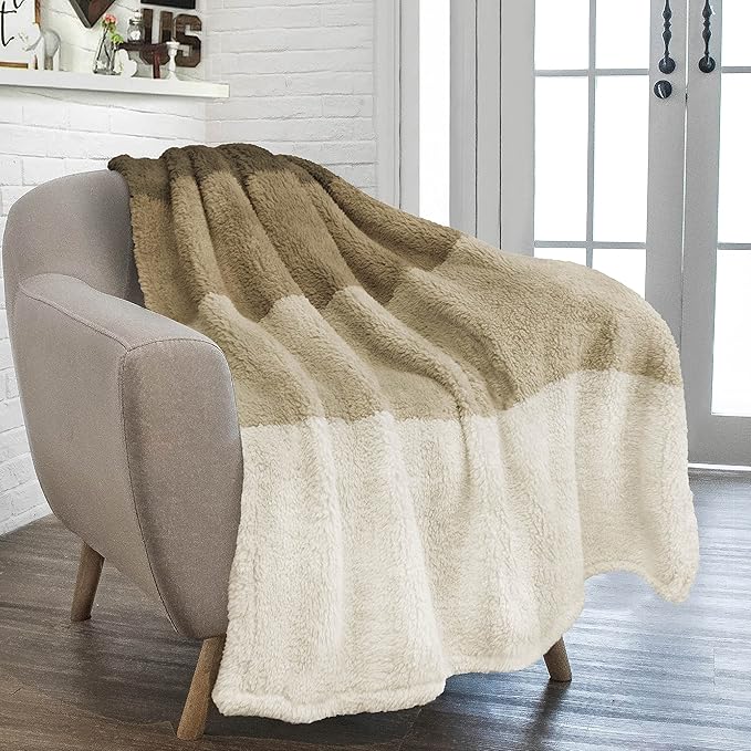 PAVILIA Fluffy Sherpa Throw Blanket Ombre | Gradient Plush, Soft, Fuzzy, Decorative Accent Throw Blanket for Couch Sofa Twin Bed | Cozy Warm Decorative Furry Faux Fur Blanket, 60x80 Inches Taupe