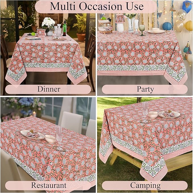 Ridhi Hand Block Print Dark Salmon Pink Rectangle Cotton Tablecloth 160" x 72" Reusable Table Cover Decorative Everyday Use for Dining, Farmhouse, Home Gift for Spring, Easter, Valentine