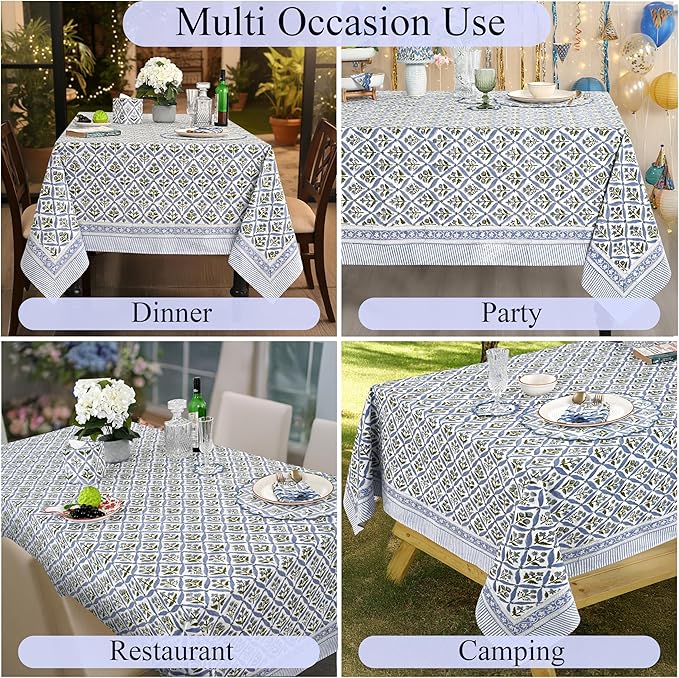 Ridhi Hand Block Print Light Steel Blue Rectangle Cotton Tablecloth 118" x 70" Reusable Table Cover Decorative Everyday Use for Dining, Farmhouse, Home Gift for Spring, Easter, Valentine