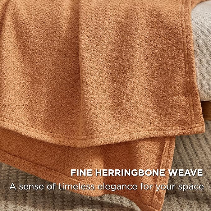 Bedsure 100% Cotton Blanket Queen Size for Bed - Breathable and Lightweight, Soft Cozy Textured Herringbone Woven Blanket for Summer Spring, Burnt Orange, 90x90 inches