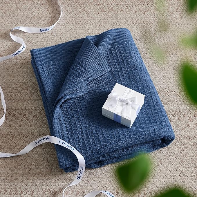 Bedsure 100% Cotton Blanket King Size for Bed - Breathable and Soft, Waffle Weave Blanket for Summer Spring, Navy, 104x90 inches