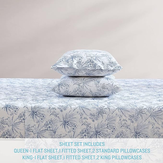 Tommy Bahama - Queen Sheets, Cotton Percale Bedding Set, Crisp & Cool, Stylish Bedding Set (Pen and Ink Palm Blue, Queen)