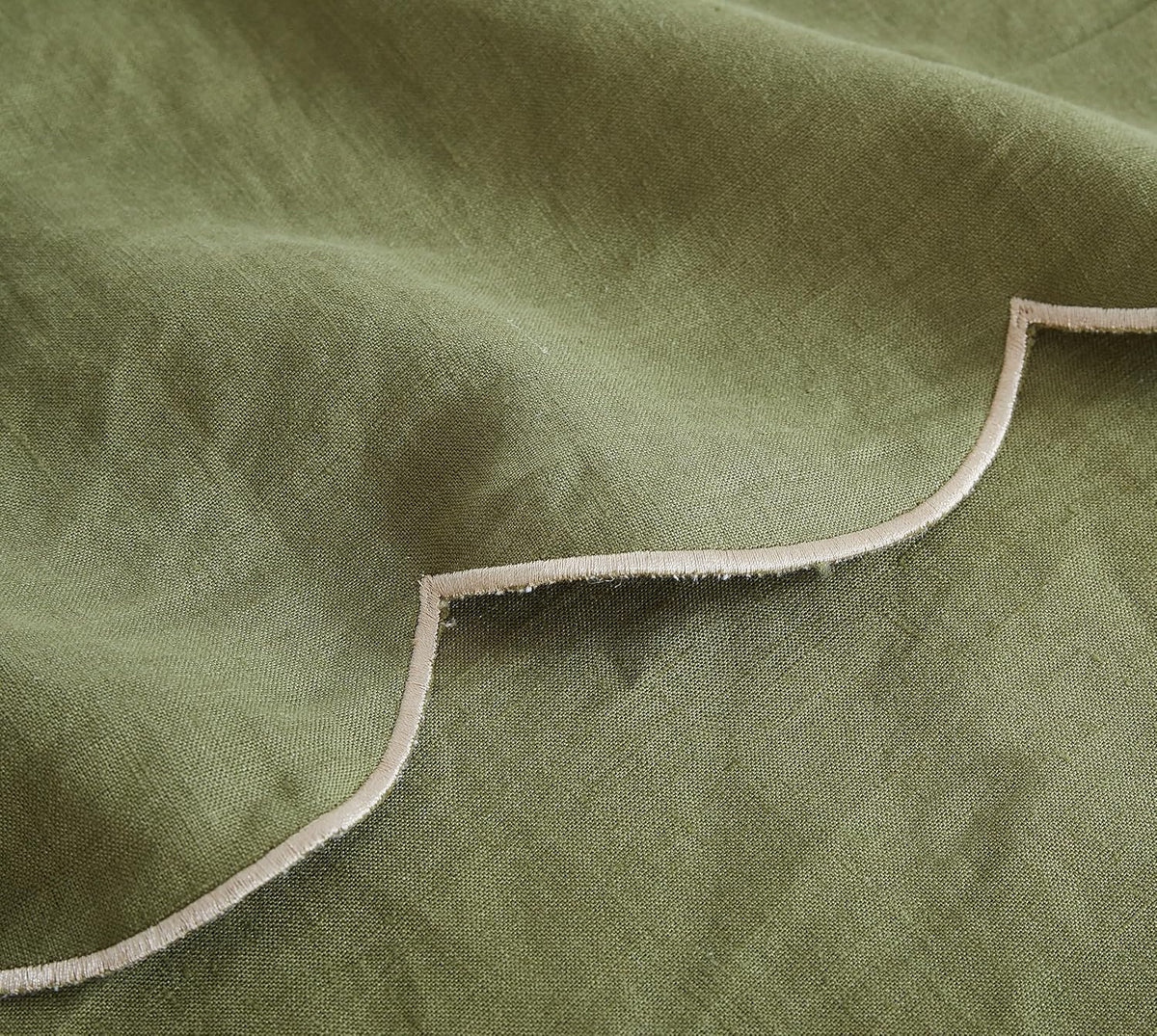 100% French Flax Linen Tablecloths Scalloped Embroidery Rectangle 84Lx60W Inch for Dinners, Parties, Spring, Easter, Machine Washable, 6-8 Sets, Olive Green(Edges-Gold)
