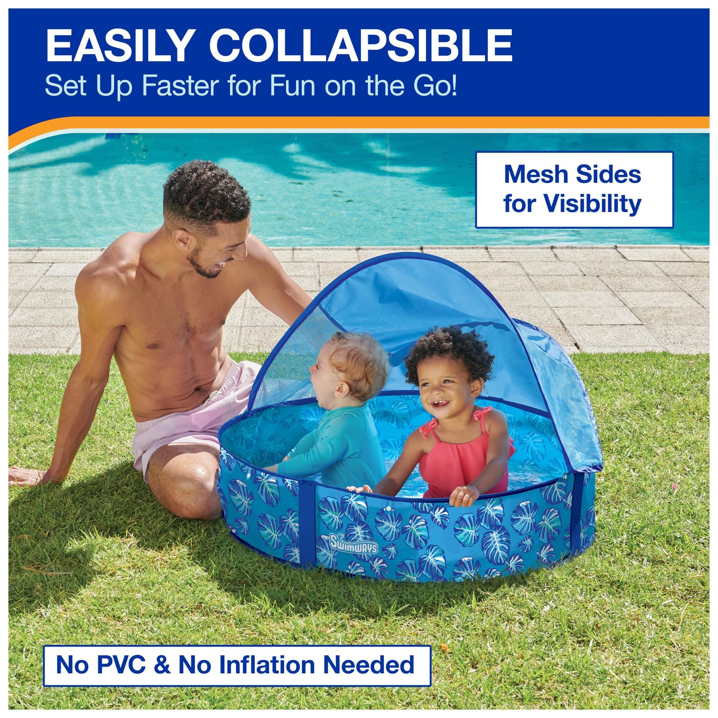 Swimways Elite Pop-Up Above Ground Pool, Baby Pool with Canopy & Carrying Case, Foldable Kiddie Pool for Ages 9-24 Months, Measures 32", Blue