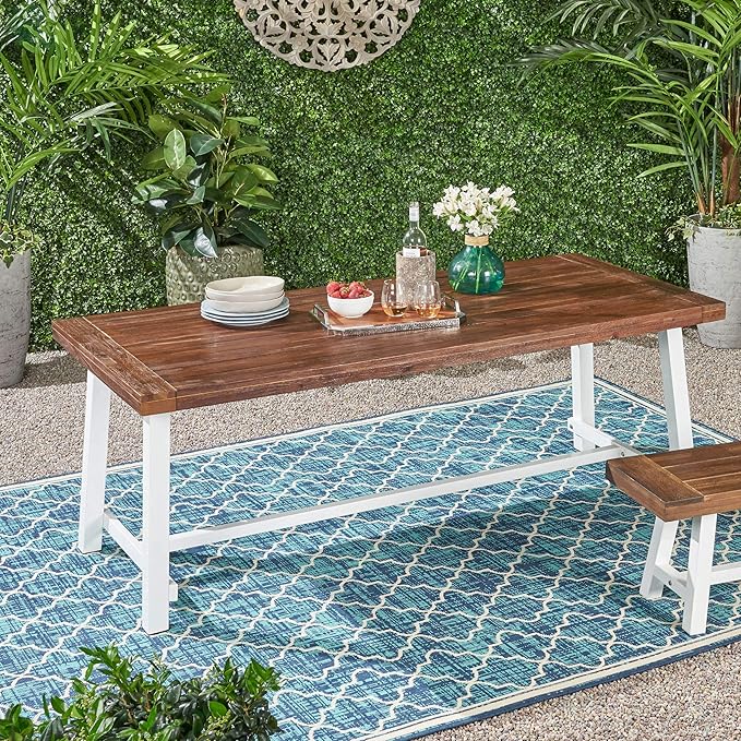 Outdoor Eight Seater Iron Dining Table, Dark Brown and White Finish