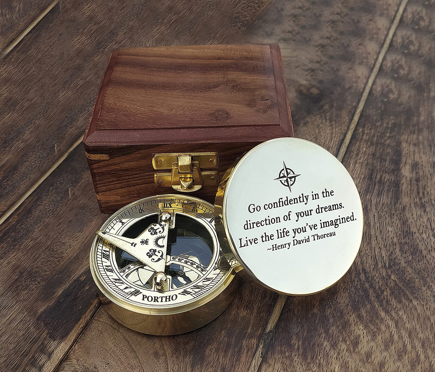 PORTHO Thoreau Go Confidently Sundial Compass with Wooden Box – Personalized Graduation, Baptism, Confirmation & Adventure Gift – Inspirational Keepsake for Life’s Journey