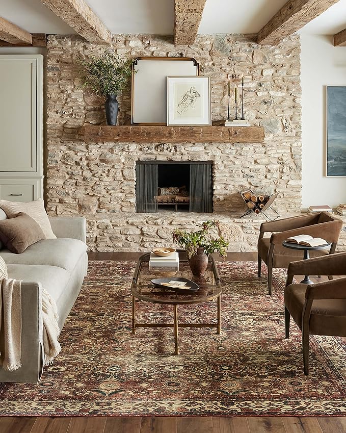 Loloi Magnolia Home by Joanna Gaines Banks Collection BAN-04 Brick/Ivory 7'-6" x 9'-6", .13" Pile Height, Machine Washable, Area Rug