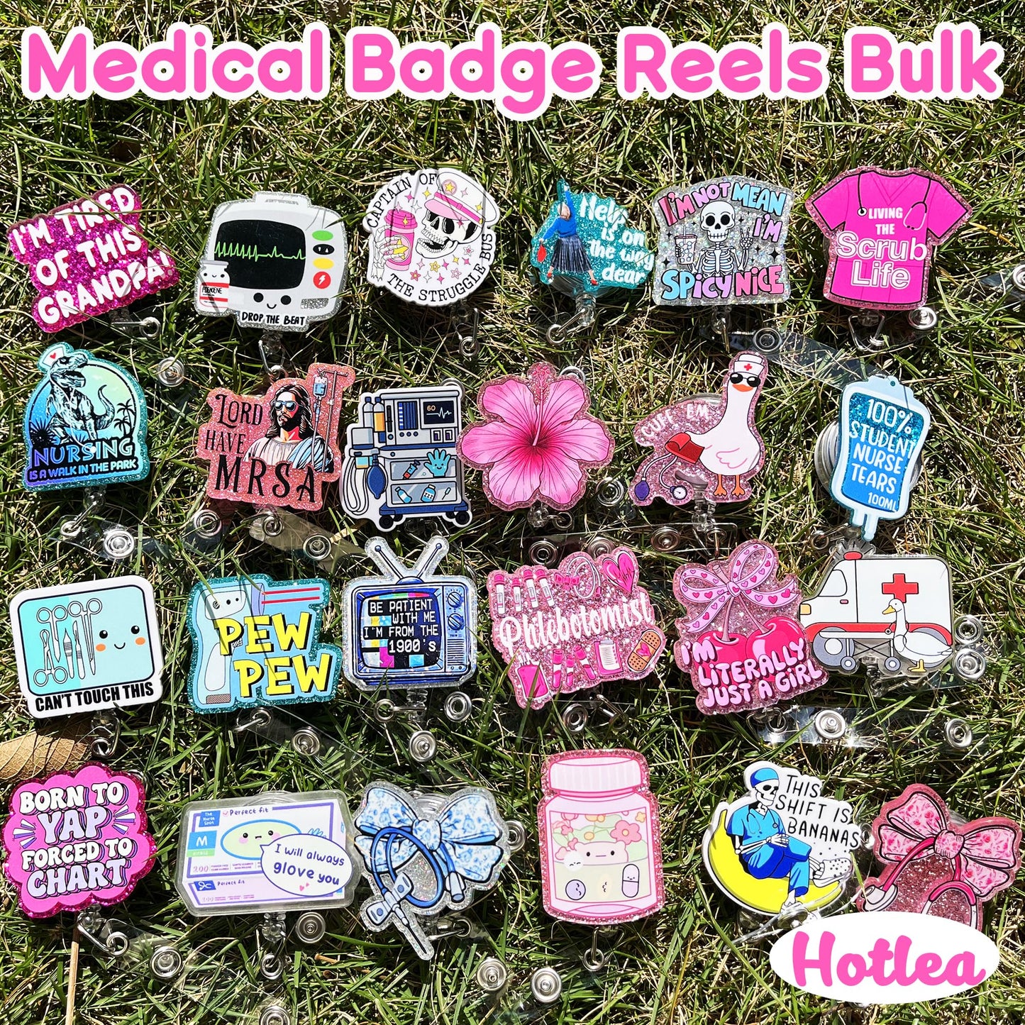 Hotlea 24 PCS Nurse Badge Reels Bulk Funny Badge Holders Retractable Clip Cute Nursing Medical Asssitants RN LPN CNA Nurses Week Gift Accessories for Work
