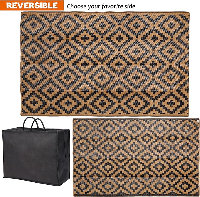 SAND MINE Reversible Mats, Plastic Straw Rug, Modern Area Rug, Large Floor Mat and Rug for Outdoors, RV, Patio, Backyard, Deck, Picnic, Beach, Trailer, Camping, Black & Brown, 5' x 8'