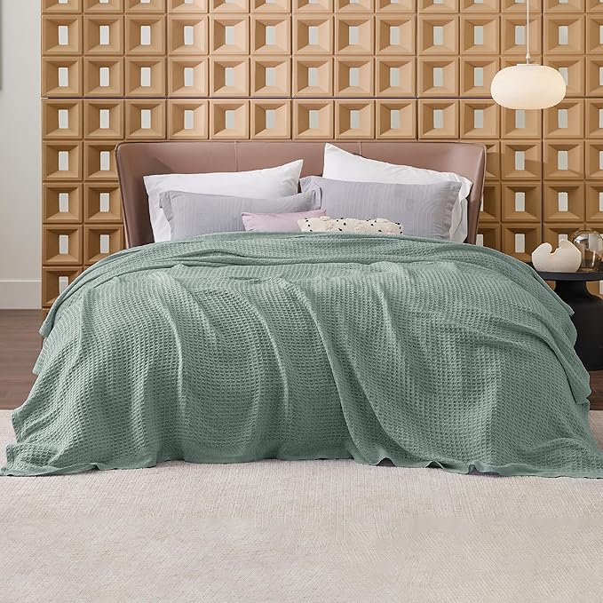 Bedsure 100% Cotton Blanket King Size for Bed - Breathable and Soft, Waffle Weave Blanket for Summer Spring, Sage Green, 104x90 inches