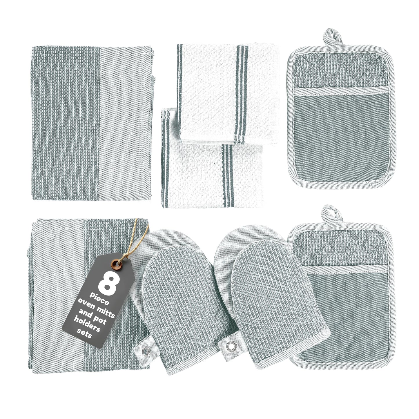 Casa Platino 8-Piece Mini Oven Mitt & Pot Holder Set – 500°F Heat Resistant with Silicone Grip, Includes 2 Kitchen Towels & 2 Dish Cloths for Drying – Non-Slip, Durable, Machine Washable – Grey