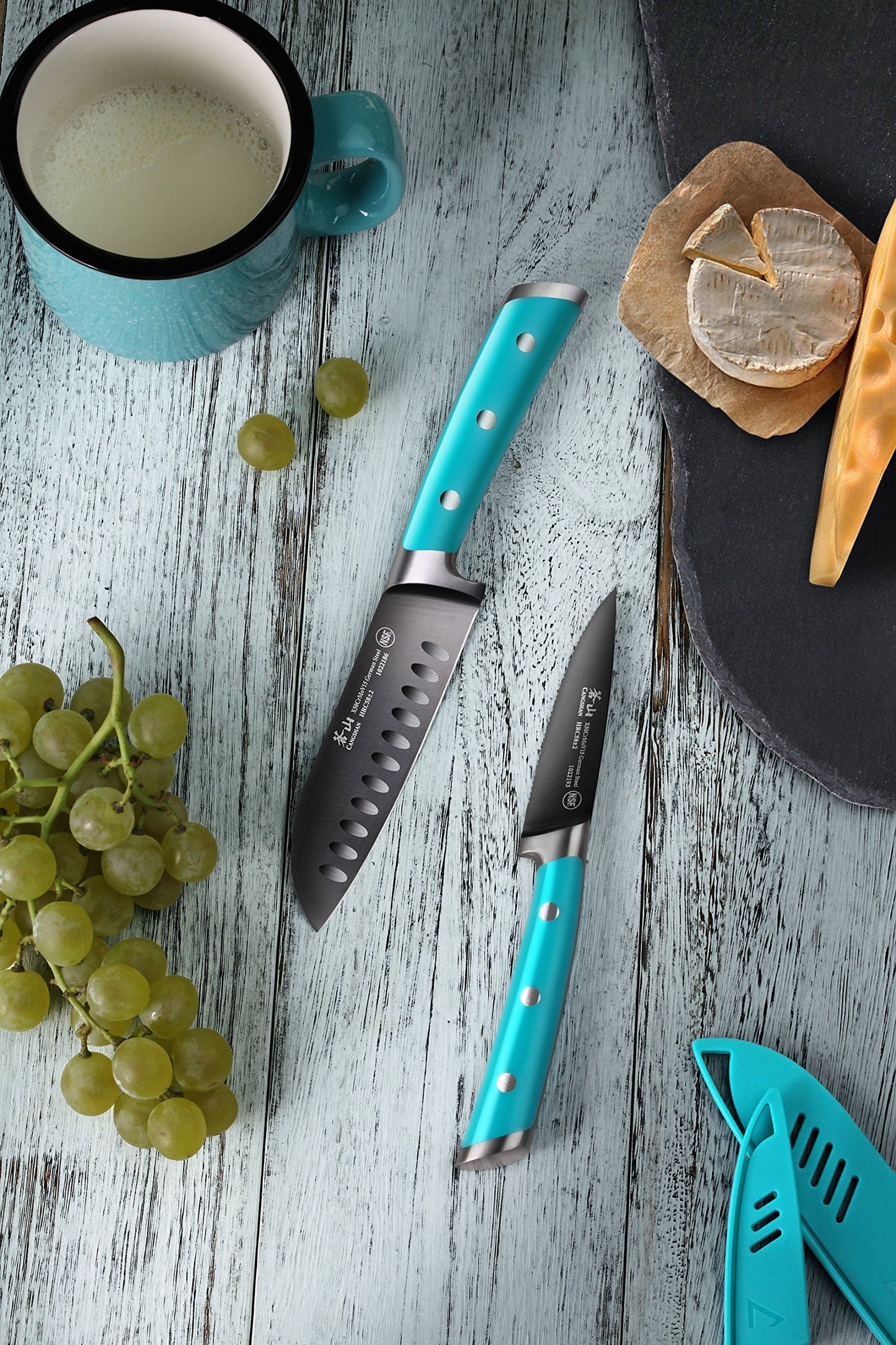 Cangshan S+ Series 1022117 German Steel Forged 2-Piece Titanium Coated Santoku Starter Knife Set with Sheaths, French Teal