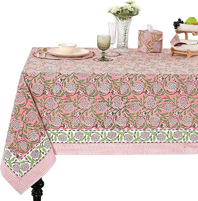 Ridhi Hand Block Print Strawberry Pink Square Cotton Tablecloth 60" x 60" Reusable Table Cover Decorative Everyday Use for Dining, Farmhouse, Home Gift for Spring, Easter, Valentine