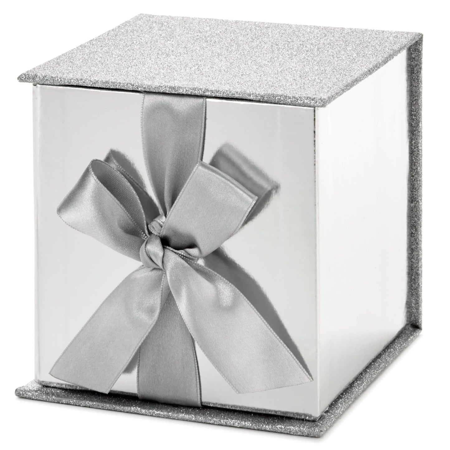Hallmark Small Gift Box with Bow and Shredded Paper Fill (Silver Signature 4 inch Gift Box with Glitter) for Weddings, Graduations, Bridal Showers, Anniversaries, All Occasion