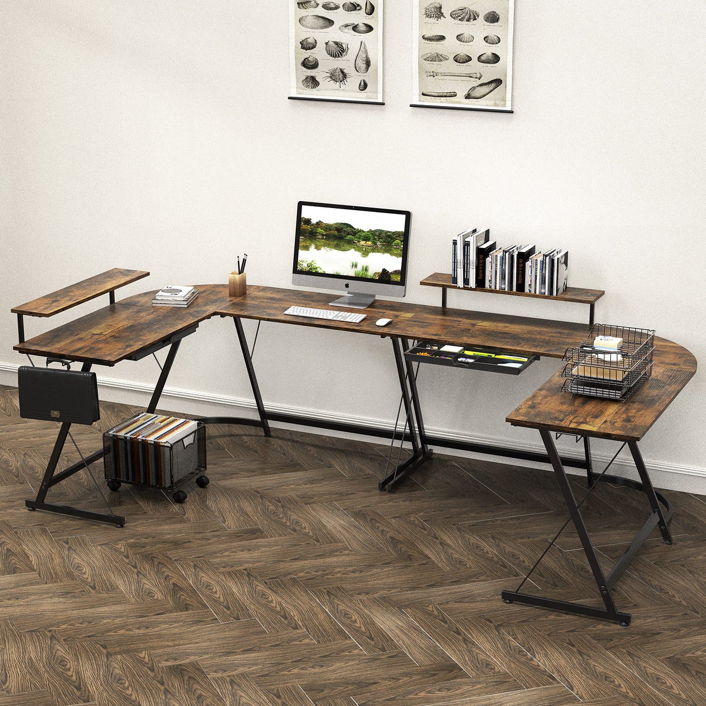 SHW 51 x 51 Inches Vista L-Shaped Desk with Monitor Stand and Drawer, Rustic Brown