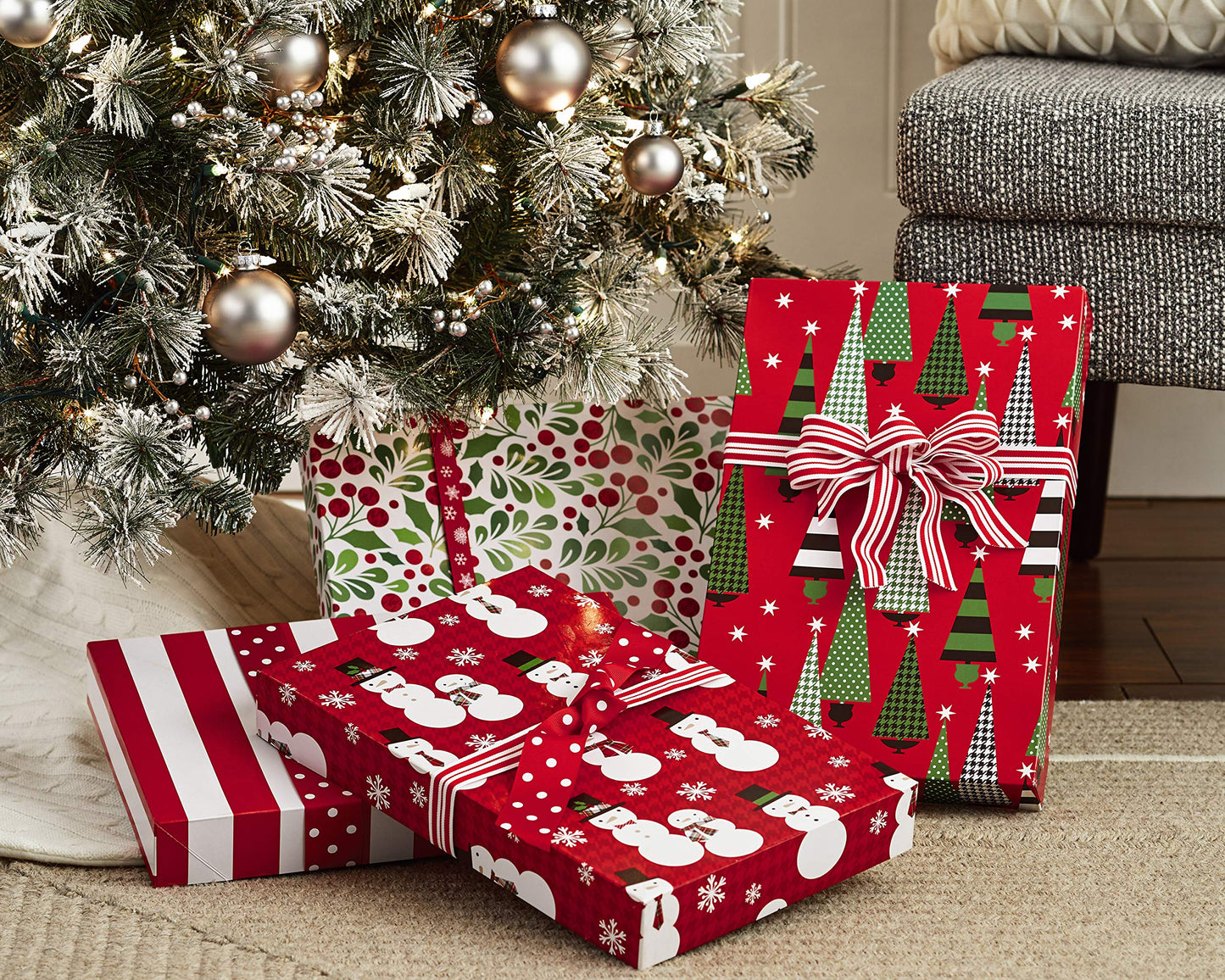 Hallmark Medium Christmas Gift Boxes with Lids (12 Shirt Boxes, 4 Designs: Trees, Stripes, Snowmen, Holly) for Christmas, Holiday Parties, Hostess Gifts