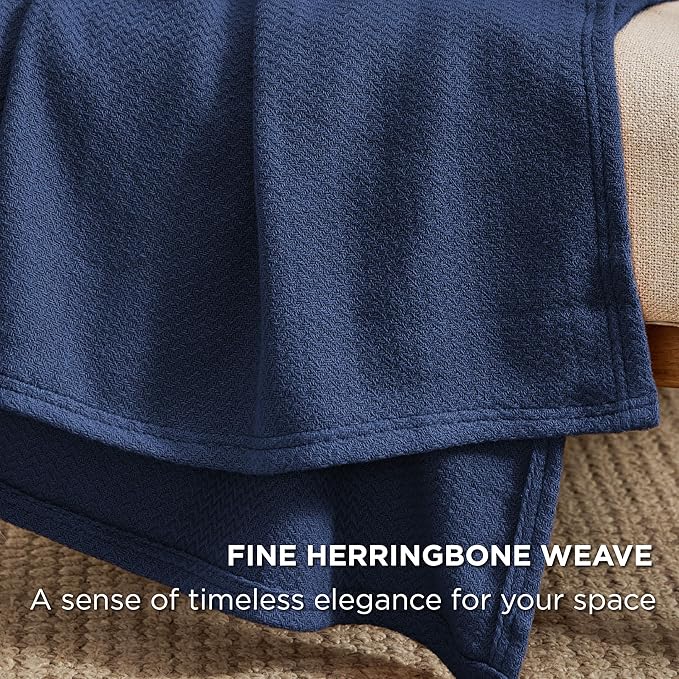 Bedsure 100% Cotton Blanket Twin XL Size for Bed - Breathable and Lightweight, Soft Cozy Textured Herringbone Woven Blanket for Summer Spring, Navy Blue, 66x90 inches