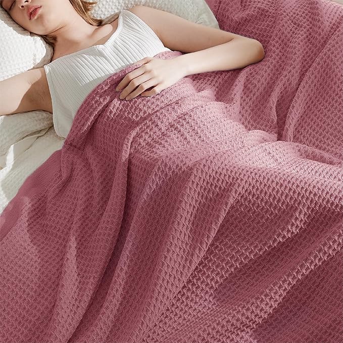 Bedsure 100% Cotton Blanket Twin XL Size for Bed - Breathable and Soft, Waffle Weave Blanket for Summer Spring, Dusty Rose, 66x90 inches