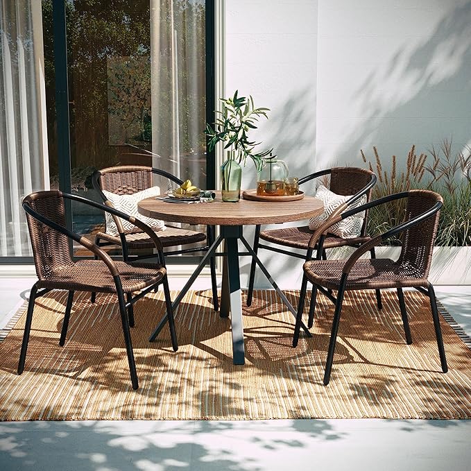 EMMA + OLIVER Set of 4 Modern Rattan Indoor/Outdoor Stack Chairs, Stacking Rattan Patio Chairs with Curved Back and Cross Bracing, Brown